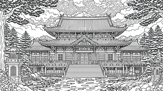 平等院鳳凰堂の精密な塗り絵 - 日本建築と庭園の美しいディテールを楽しむ大人の塗り絵