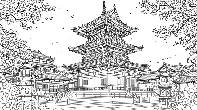 八坂の塔の精密な塗り絵 - 五重塔と日本庭園をモチーフにした大人向けコロリアージュ