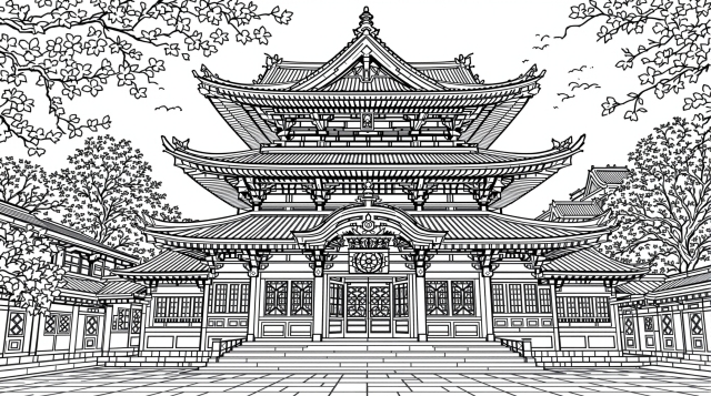 浅草寺の精密な塗り絵 - 日本の伝統建築と仏教デザインを楽しむ大人のぬりえページ