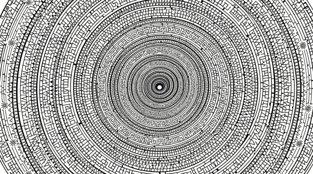 Lumoava kultaisen spiraalin mandala-värityskuva, jossa pyhää geometriaa ja Fibonacci-kuvioita