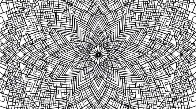 Lumoava kristallimainen mandala-värityskuva, jossa on yksityiskohtaisia geometrisia kuvioita ja symmetrisiä timanttikuvioita