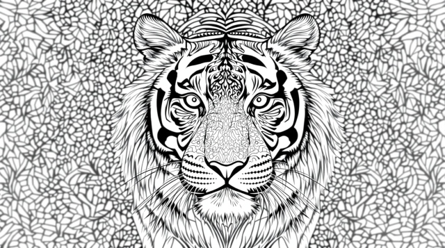 シベリアトラの塗り絵 - 緻密な毛並みと装飾模様が美しい大人向けコロリアージュ