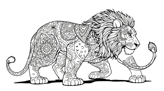 アフリカの雌ライオンの塗り絵 - トライバル模様とマンダラデザインの大人向け精密塗り絵