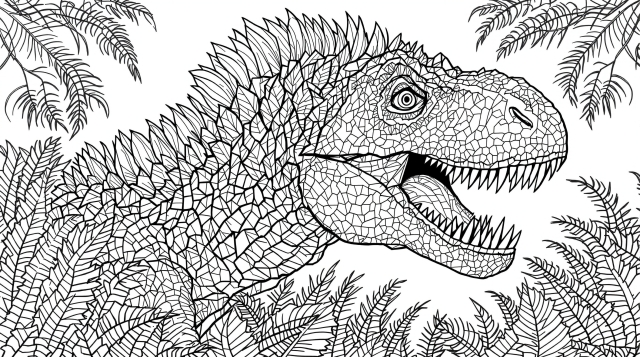 En mäktig Tyrannosaurus Rex målarbok för vuxna med detaljerade fjädrar och fjäll i en dynamisk jaktposition