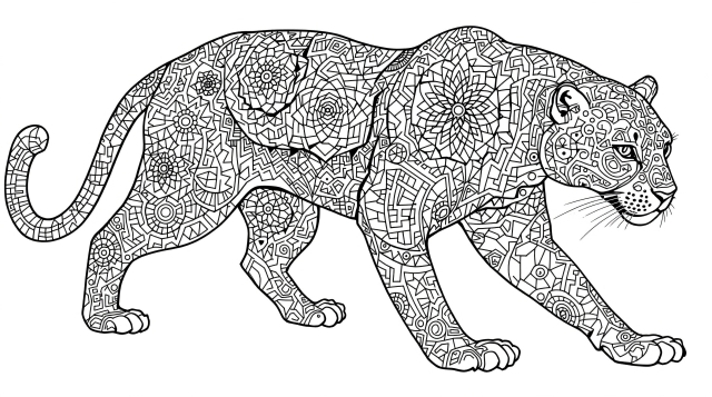 幾何学模様とマンダラ風のロゼット柄が美しい黒豹の大人の塗り絵 - 上級者向けの繊細なデザイン
