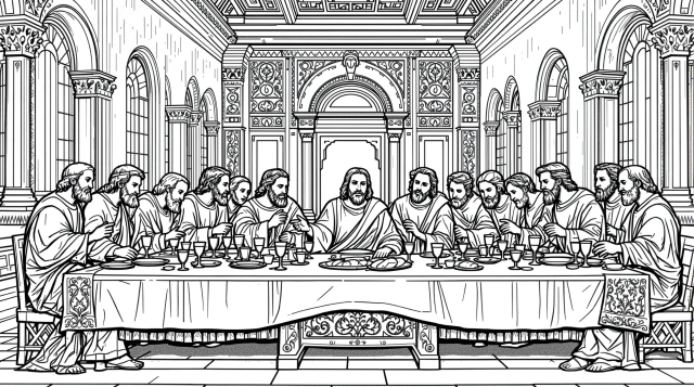 Yksityiskohtainen viivapiirros Viimeisestä ehtoollisesta, jossa Jeesus ja kaksitoista opetuslasta renessanssiympäristössä - Täydellinen aikuisten värityskuva