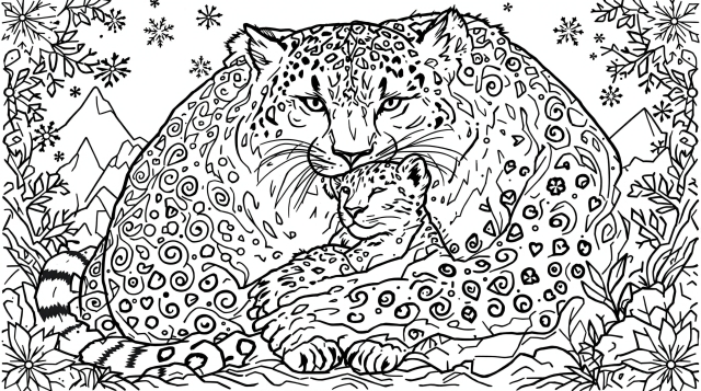 En kærlig sneleopard-mor bærer sin unge i denne detaljerede farveside for voksne med mønstre i pelsen og dekorative bjergelementer.