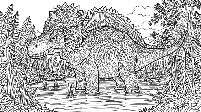 En detaljeret Parasaurolophus dinosaur-farvelægningsside med præhistorisk sumplandskab og botaniske mønstre