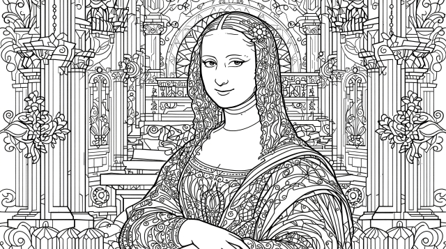 Detaljeret Mona Lisa malebog i renæssancestil med intrikate periodetro detaljer og dekorative elementer for voksne