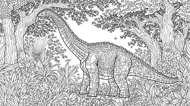 En majestätisk Brachiosaurus målarbok för vuxna med detaljerade geometriska mönster och förhistorisk flora för kreativ avkoppling