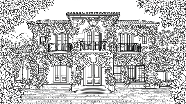 地中海の邸宅の塗り絵 - 繊細な建築デザインとブーゲンビリアの花が楽しめる大人の塗り絵