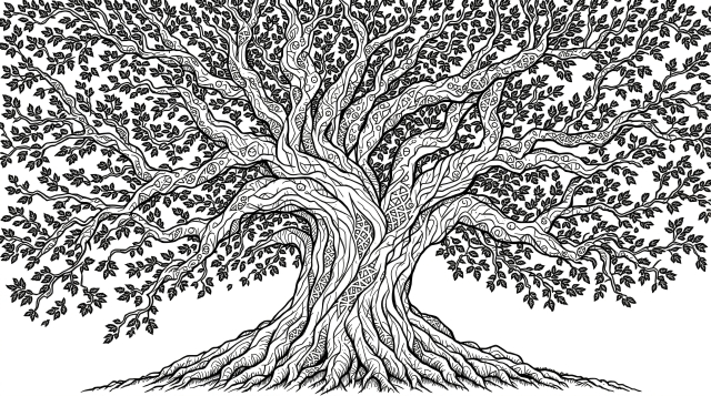 ケルト模様が美しい古代オークの木の大人の塗り絵 - 精巧な樹皮テクスチャと装飾パターン