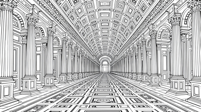 En detaljert arkitektonisk fargeleggingsside som viser Skolen i Athen med intrikate renessansedetaljer og klassiske elementer