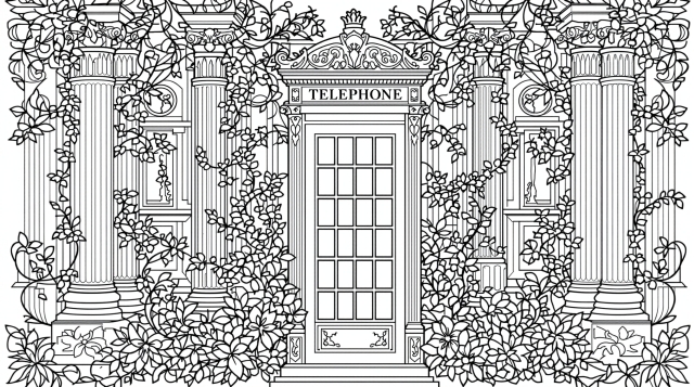 英国の電話ボックスの大人の塗り絵 - ジョージアン様式とヴィクトリアン装飾の精密デザイン