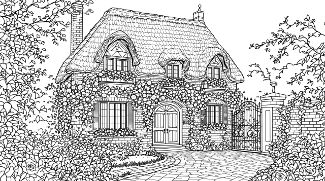 イギリスのコテージ塗り絵 - 茅葺き屋根とバラのある美しい庭園の大人向け塗り絵