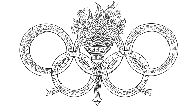 オリンピックの聖火とシンボルリングを描いた精密な曼荼羅模様の大人の塗り絵