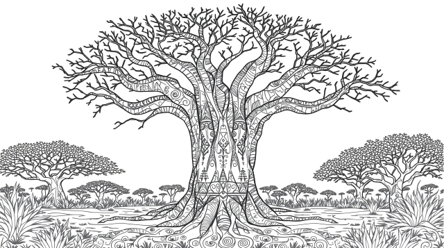 アフリカのバオバブの木の塗り絵 - 幾何学模様とアフリカ文化のモチーフが魅力的な大人向け塗り絵