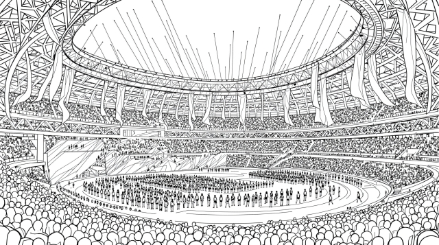 オリンピック開会式の塗り絵 - 各国選手団と国旗が行進する精密なスタジアムシーンの大人向けぬりえ