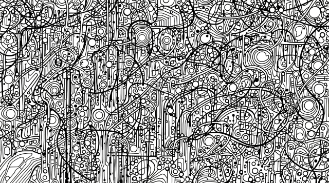 En detaljrik abstrakt målarbok för vuxna inspirerad av Jackson Pollock med flödande mönster och labyrintliknande element