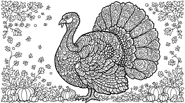 A majestic turkey coloring page featuring intricate mandala patterns and baroque-style decorative elements perfect for adult coloring enthusiasts