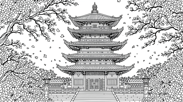 日本の五重塔と桜の塗り絵 - 精緻な建築様式と優美な花びらで楽しむ大人の塗り絵