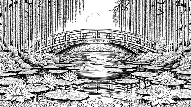 静寂な日本庭園の塗り絵 - 蓮池に架かる優美な橋と垂れ柳