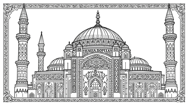 En fascinerende Hagia Sophia farveside med detaljerige islamiske mønstre og arkitektoniske detaljer fra den ikoniske kuppel og minareter.