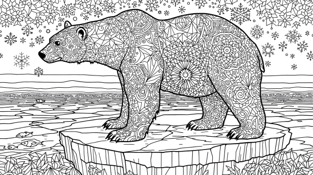 Majestætisk isbjørn farveside med detaljerede geometriske mønstre og mandala-design på en arktisk isflage