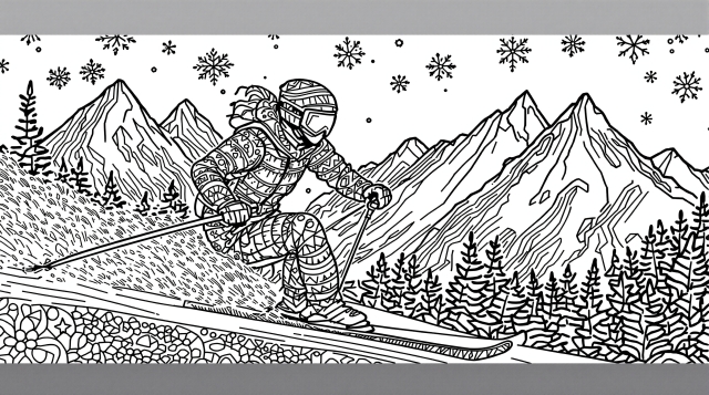 En dynamisk skiløber malebog med nordiske mønstre og dekorativt bjerglandskab