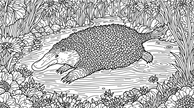 Detaljeret malebogside med næbdyr - det unikke australske dyr svømmende gennem dekorative flodmønstre og åkander