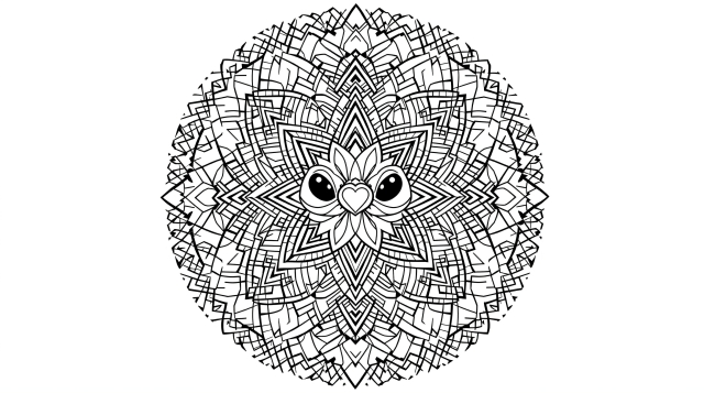 Lumoava Stitch ja Angel -mandala värityskuva, jossa on monimutkaisia havaijilaisvaikutteisia geometrisia kuvioita ja pyhää geometriaa