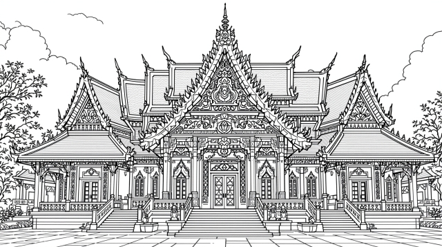 繊細なタイ寺院の塗り絵 - 伝統的な建築と華麗な装飾が特徴の上級者向けデザイン