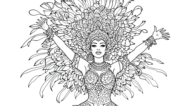 ブラジル カーニバル ダンサーの塗り絵 - 羽飾りと精巧な模様が美しい大人の塗り絵ページ