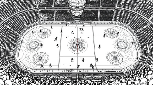 En detaljeret ishockeybane i fugleperspektiv som farvelægningsside med spillere, uniformer og geometriske mønstre