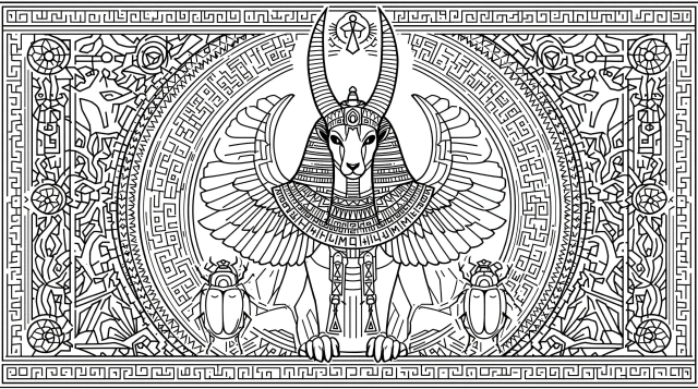 神聖なスカラベと古代エジプト文様が美しいアヌビス神の大人の塗り絵 - 繊細な白黒線画