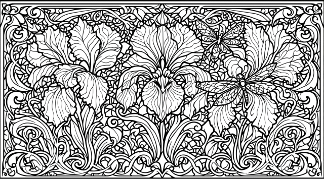 Elegant Art Nouveau farveside i Tiffany-stil med yndefulde iris-blomster og detaljerede guldsmede i et kunstnerisk mønster