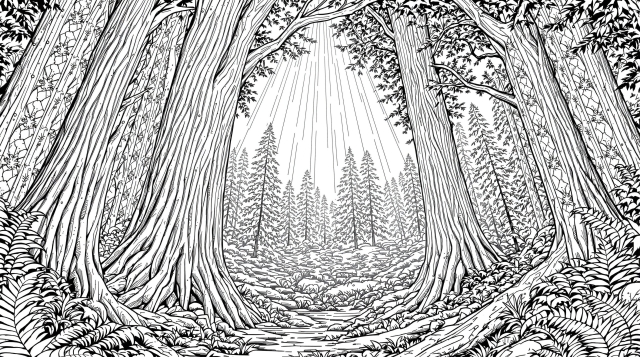 En majestætisk malebog med kæmpe sequoiatræer, detaljerede barkmønstre og solstråler, der bryder gennem trækronerne