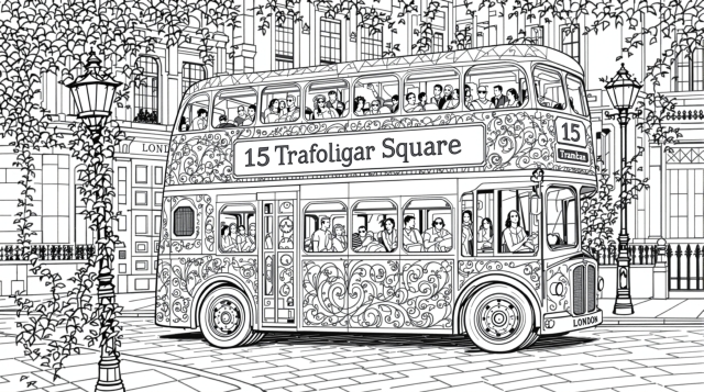 ビクトリア様式の装飾が施されたロンドン2階建てバスの大人の塗り絵