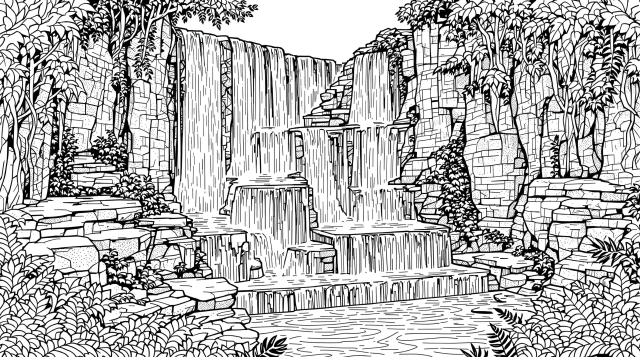 緻密な岩肌と繊細な自然描写が美しい多段滝の大人の塗り絵