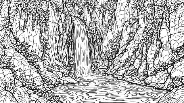 En rolig fjellfosskart med detaljerte fjellformasjoner og delikate naturdetaljer for mindful fargelegging