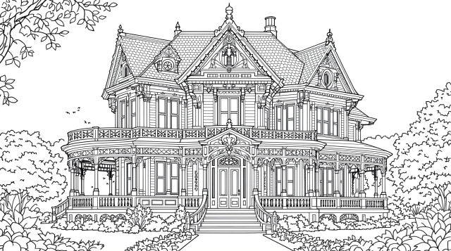 ヴィクトリア様式の邸宅 塗り絵 - 精巧な建築ディテールと装飾が楽しめる大人の塗り絵