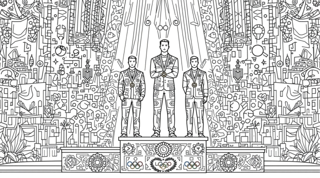 表彰台に立つ選手たちを描いた精密なオリンピック塗り絵 - 細かなユニフォームと華麗なメダルデザイン