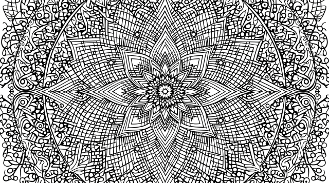 繊細なゼンタングル風マンダラ塗り絵 - 流れるような有機的パターンと幾何学模様が織りなす同心円デザイン