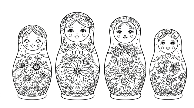 四季を彩るマトリョーシカ人形の塗り絵 - ロシア民芸柄と季節モチーフが美しい大人の塗り絵