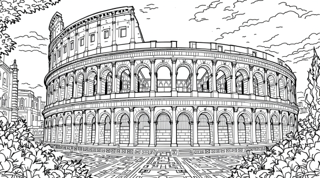 古代ローマ建築の精巧なディテールを楽しむコロッセオの塗り絵 - 装飾的な石造り細工と複雑な模様が美しい大人向けぬりえ