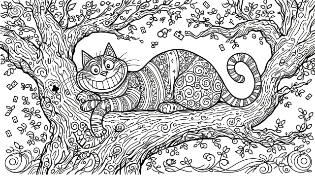 チェシャ猫の大人の塗り絵 - ヴィクトリア調の繊細な模様と隠し要素が楽しめる上級者向けコロリアージュ