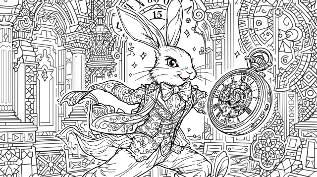 ビクトリア朝のウサギキャラクター塗り絵 - 懐中時計を見ながら歯車の国を駆け抜ける優雅なウサギ