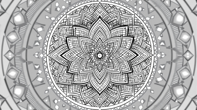 蓮の花マンダラの精密な塗り絵ページ - 水の波紋と幾何学模様で瞑想とマインドフルネスに最適