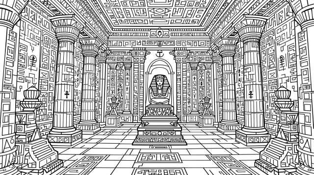 古代エジプト王墓の内部を描いた緻密な大人の塗り絵 - ファラオの石棺とヒエログリフの壁画