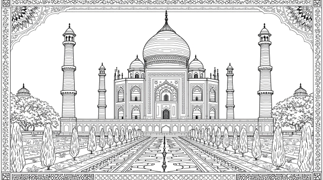 タージマハルの塗り絵 - イスラム幾何学模様とムガル建築の緻密な大人向けデザイン